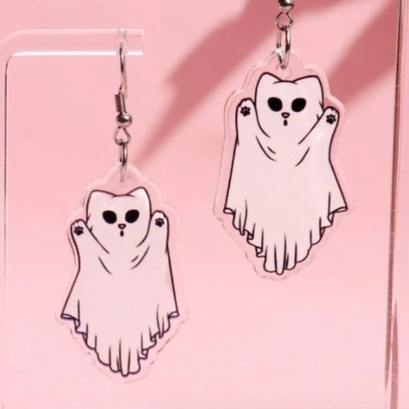 🧿 2 for $25 🧿 Spooky Sheet Ghost Cat Acrylic Dangle Earrings - Picture 2 of 7